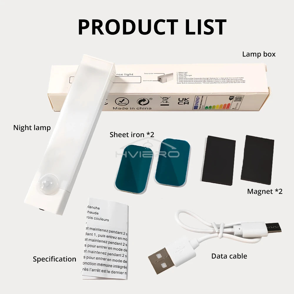 Barra de luz LED recargable con sensor de movimiento, luz nocturna de inducción, lámpara magnética portátil inalámbrica